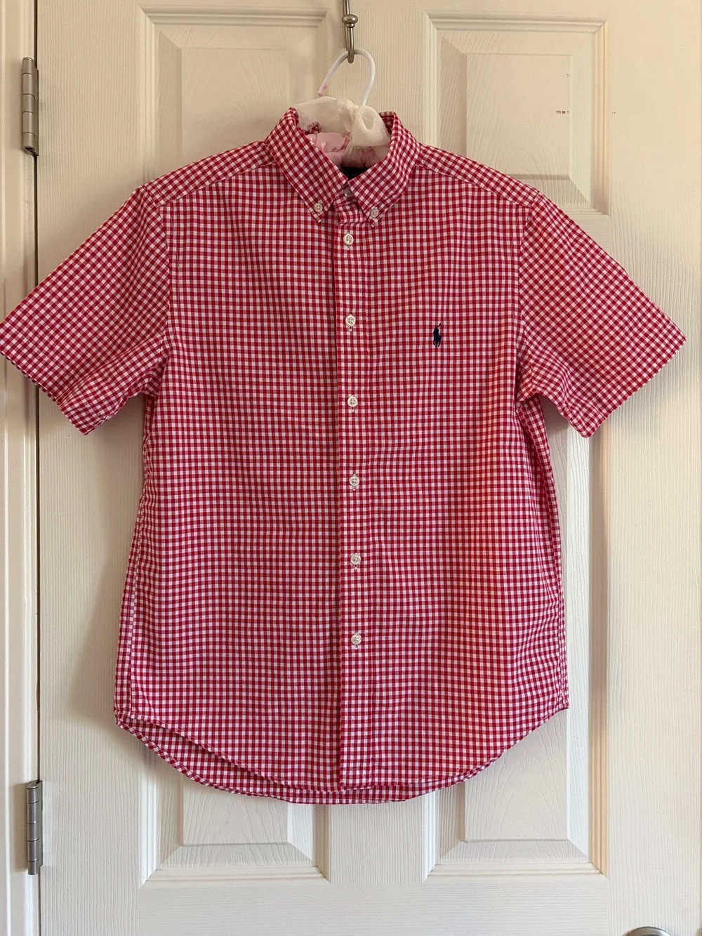 Ralph Lauren Red Gingham Button Down Short Sleeve Shirt Boys Size Large 14-16